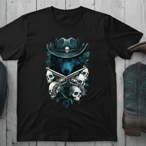 Blue Wolf Cowboy Skull Tee • Gothic Western Outlaw Shirt • Biker Graphic Tee